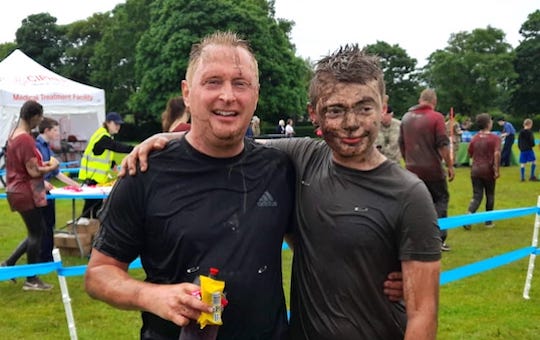 Matthew Metcalfe with some Joshua after taking part in Pretty Muddy, Preston, for charity